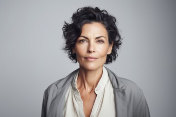 Portrait of mature businesswoman looking at camera with serious expression, over grey background
