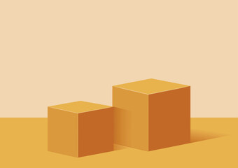 two rectangle podiums in the room, yellow color, vector geometric platform illustration for product display presentation.