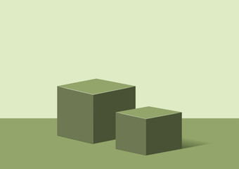 two rectangle podiums in the room, green color, vector geometric platform illustration for product display presentation.