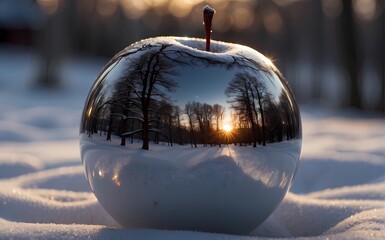 Photograph reflection of a winter snow scene at sunset, seen in a perfect polished chrome apple Generated with AI - obrazy, fototapety, plakaty