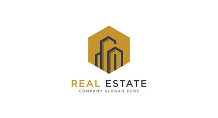Black and Gold Real Estate Logo Image on White Background. Flat Vector Logo Design Template Element for Construction Architecture Building Logos.
