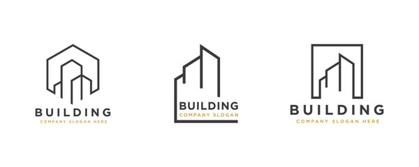 Black and Gold Real Estate Logo Image on White Background. Flat Vector Logo Design Template Element for Construction Architecture Building Logos.