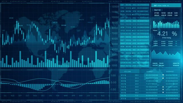 Business Stock Market visualization. HUD infographic of financial. Business charts data numbers and line moving averages, Information of business strategy for investment. Technology data analysis.