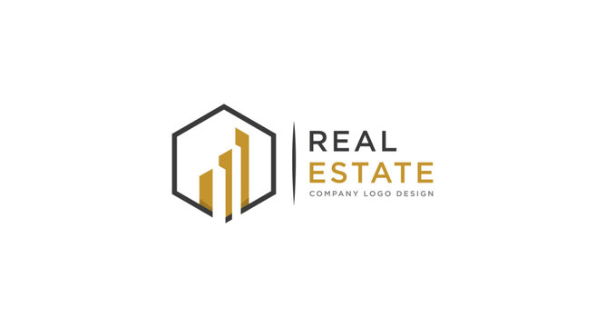 Black and Gold Real Estate Logo Image on White Background. Flat Vector Logo Design Template Element for Construction Architecture Building Logos.