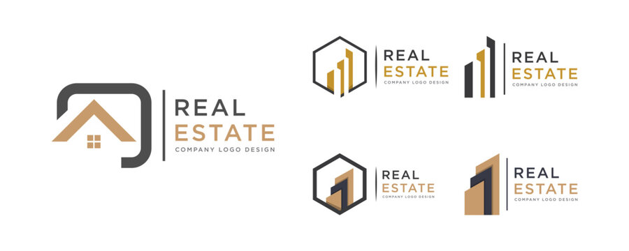 Premium Set of Black and Gold Real Estate Logo Image on White Background. Flat Vector Logo Design Template Element for Construction Architecture Building Logos.