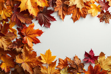 Top and close-up view of a autumn seasonal frame, colorful leaves and decoration, with isolated gradient blank background, minimalism.