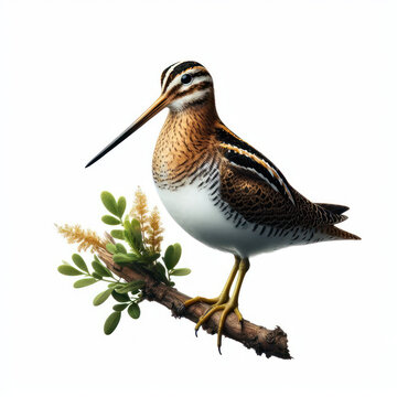 snipe perching bird, wader bird, ave zancuda, Agachadiza de Wilson, isolated White background