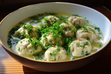 Canederli or Knodel in broth with green onion pasta dumplings