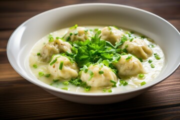 Fototapeta na wymiar Canederli or Knodel in broth with green onion pasta dumplings