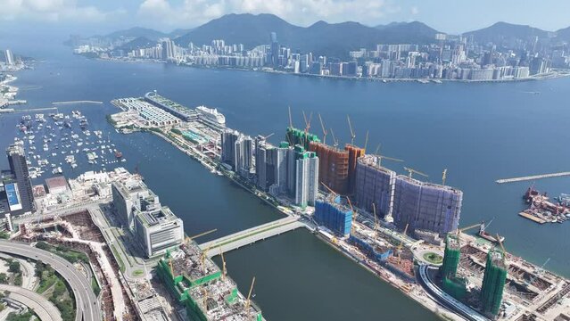 Aerial Skyview of Hong Kong Kai Tak City New Residential and Commercial Property Construction Development site in Kowloon near Victoria Harbour