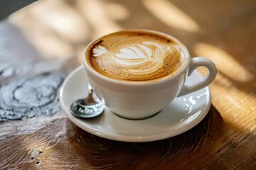 Obraz premium Morning delight. Hot cappuccino latte and espresso cups on wooden cafe table. Coffee artistry. Brown foam on background