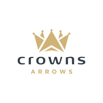 Abstract Golden King Crown With Upward Arrow Diagram For Royal Luxury Logo Design.
