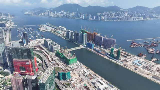 Aerial Skyview of Hong Kong Kai Tak City New Residential and Commercial Property Construction Development site in Kowloon near Victoria Harbour