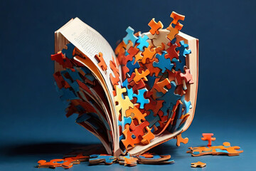 Moving puzzle from book Symbolizes dyslexia concept. Ideal for educational visuals, understanding learning differences.