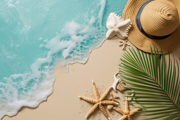 Fototapeta na wymiar Top and close-up view of a summer vacation seasonal frame backgrounds, composition with blue ocean, sand, plant, shell, hat, starfish...