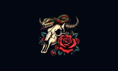 Fototapete Boho head cow bone and rose flowers vector illustration artwork design