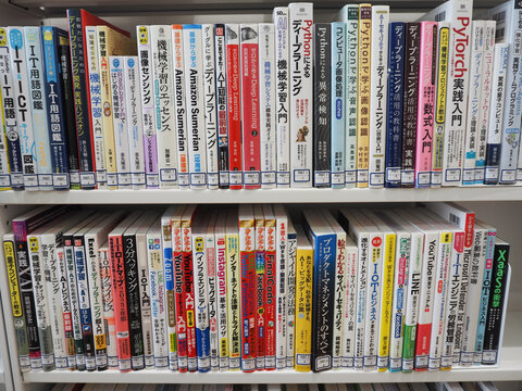 TOKYO, JAPAN - December 30, 2023: Books about technology-related topics including coding, IT, and social media on the shelf of a public library in Japan.
