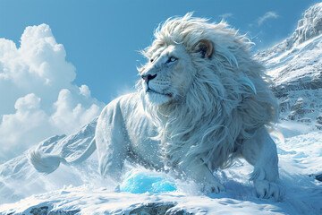 illustration of a lion in the snow - obrazy, fototapety, plakaty