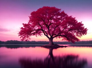 Fototapeta na wymiar A big single pink tree near a beautiful pink sky and a beautiful lake, beautiful background and wallpaper