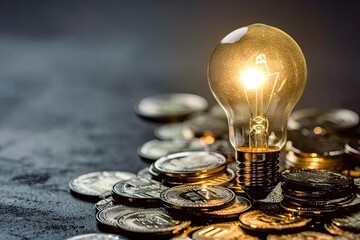 Bright ideas for financial success. Light bulb and coin concept. Innovation and growth. Glowing lightbulb illuminating success. Economic brilliance. Stack of coins under conceptual - obrazy, fototapety, plakaty
