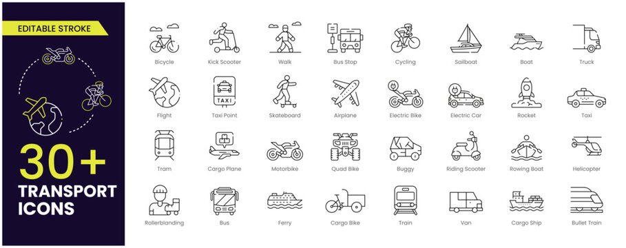 Transport Stroke icon set. Containing car, bike, plane, train, bicycle, motorbike, bus and scooter icons. Solid icon collection.