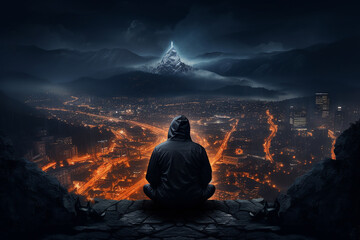 Man in black hooded hat sitting on a rock and looking. Ai generative - obrazy, fototapety, plakaty