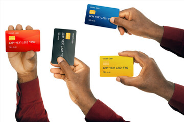 Set of Black hands in red wine long sleeve shirt holding generic ATM cards isolated on white...