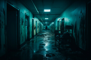 A decrepit hospital corridor hosts ghostly apparitions, ideal for Halloween attractions, horror movie posters, or event planners seeking an eerie ambiance.
