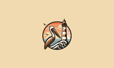 pelican and lighthouse vector illustration logo flat design