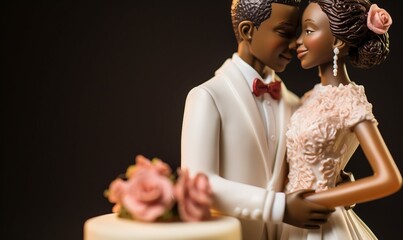 Wedding cake and figurines of bride and groom on black background