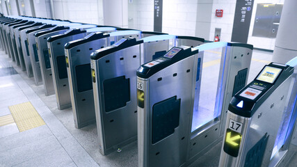 Ticket gates or barriers in subway station in Seoul, South Korea, filter effect - obrazy, fototapety, plakaty
