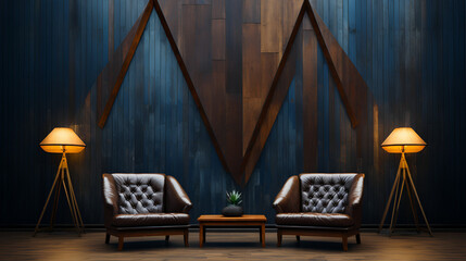 Fototapeta premium Two leather chairs - barnwood background - lamps - cabin - rustic - design and decor - living room