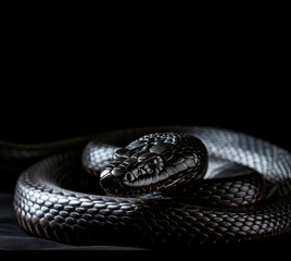 A large snake is on a black background, with many scales, resembling a python and an amalgamation of a serpent.