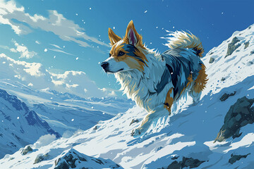 illustration of a dog in the snow - obrazy, fototapety, plakaty