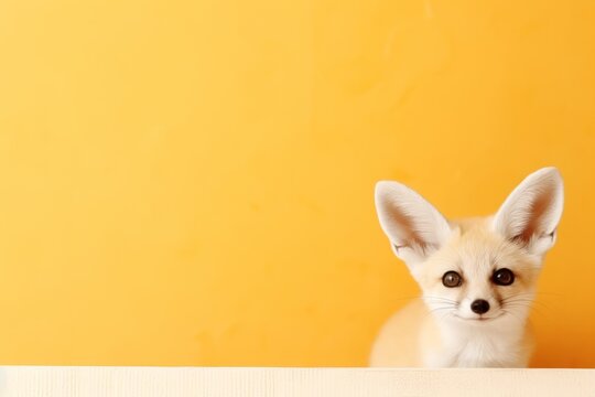 A small, cute fennec fox with a curious expression is sitting on a table against a minimal orange background.