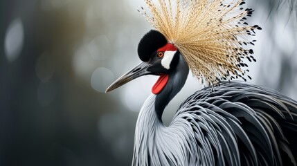 Fototapeta premium A bird, possibly a Japanese crane, is adorned with a crown of bright feathers, exuding elegance and beauty.