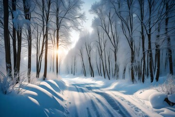 sunrise in the snowy woods