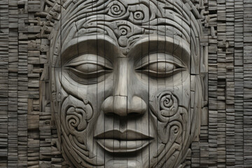 A wooden carving on a wall reveals a peaceful face, possibly oriental, with intricate details and symmetry.