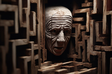 A hyperrealistic sculpture captures a man's face, carved in wood, expressing a sense of claustrophobia and a nightmare scene.