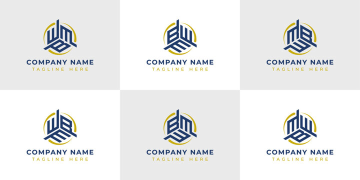 Letter WBM, WMB, BMW, BWM, MWB, MBW Hexagonal Technology Logo Set. Suitable for any business