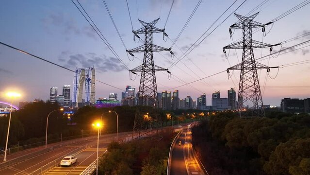 high voltage tower by road