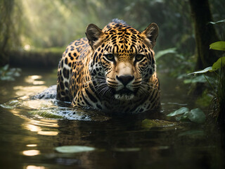 An elegant jaguar stalking in a swampy forest