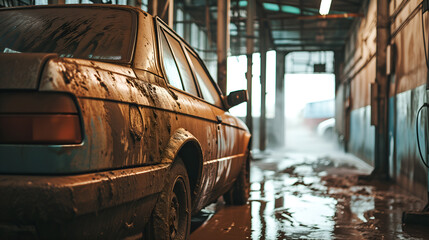 Filthy car covered in mud waiting in an industrial garage for carwash - obrazy, fototapety, plakaty