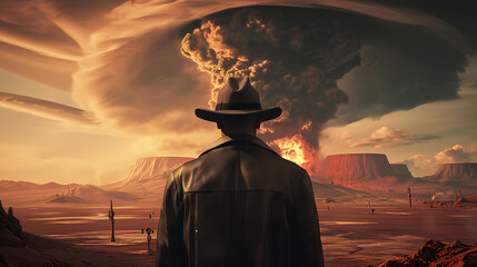 Silhouette of man watching a nuclear explosion in desert at sunset. Oppenheimer concept