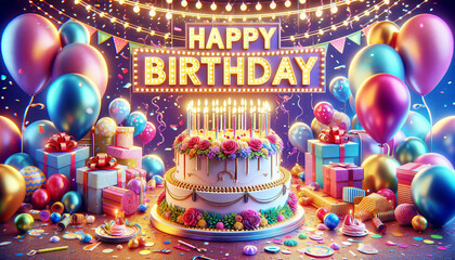 Happy birthday wallpapers greeting cards 3D happy birthday background, birthday cake illustration with candles Gifts for children and adults, Generative AI. - obrazy, fototapety, plakaty