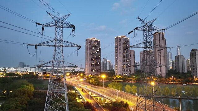 high voltage tower by road