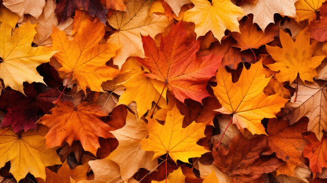 Bright and colorful autumn background of falling maple leaves outdoors