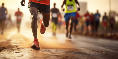 close up of marathon runner's feet approaching the finish line, running championship race concept