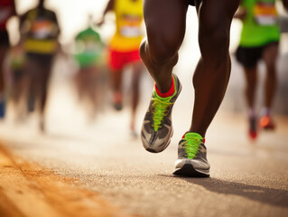 close up of marathon runner's feet approaching the finish line, running championship race concept