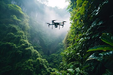 High tech aerial exploration. Modern drone flying over misty rainforest at sunset. Professional surveillance. Cutting edge technology in nature. Innovation in flight. Capturing beauty of foggy forest - obrazy, fototapety, plakaty